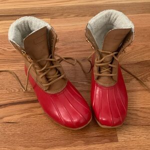 Sperry Top Sider Duck Boots tall lace up red/tan size 7M - waterproof